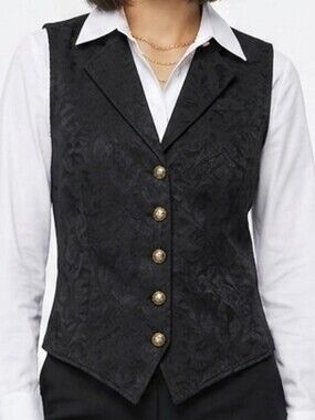 Vatpave Damask Floral Button-Up Vest Black Small